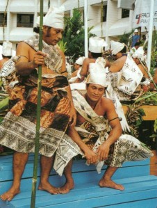 "Dancers from Futuna at the 1996 Festival of Pacific Arts, Apia Western Samoa.  The dress of these dancers consists entirely of newly made tapa, from the white turban to the lafe bandolier and the tepi skirt (p.64, Pacific Tapa, R. Neich & M. Pendergrast).